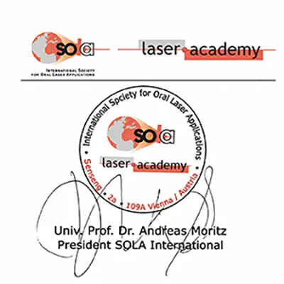 Certified & Life Member in Oral Laser by SOLA International Laser Academy - Austria